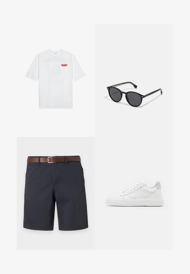 Tricou alb din bumbac, cu mâneci scurte, guler rotund și un text grafic roșu "FRUCTE DELICIOASE ȘI RACORITOARE" pe față.; Pantaloni scurți de un bleumarin închis, dintr-o țesătură texturată, dotati cu o curea din piele maro. Croi clasic, cu două buzunare laterale și tiv simplu.; Adidași din piele albă cu un finisaj neted, vârf rotunjit, șireturi plate și o talpă texturată. Accente din piele întoarsă gri la călcâi.; BOSS Ochelari de soare - black