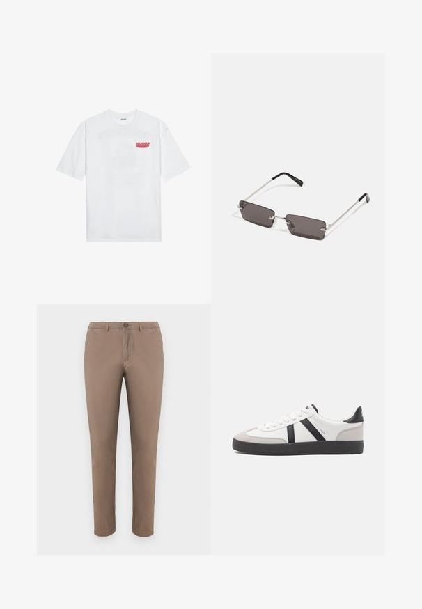 T-shirt en coton blanc avec des manches courtes, col rond et un texte graphique rouge "FRUIT RAFRAÎCHISSANT DÉLICIEUX" à l'avant.; Chino beiges avec une coupe droite, fermeture à bouton, poches avant et arrière, tissu en coton lisse et ourlet soigné. Convient pour une tenue décontractée.; Baskets blanches avec des accents noirs et gris, présentant un embout texturé gris, une semelle en caoutchouc noir et des lacets plats blancs. Design épuré, style minimaliste.; Lunettes de soleil avec des verres rectangulaires gris foncé, des montures en métal argenté et des embouts en plastique noir sur les branches. Conception légère avec des plaquettes de nez.