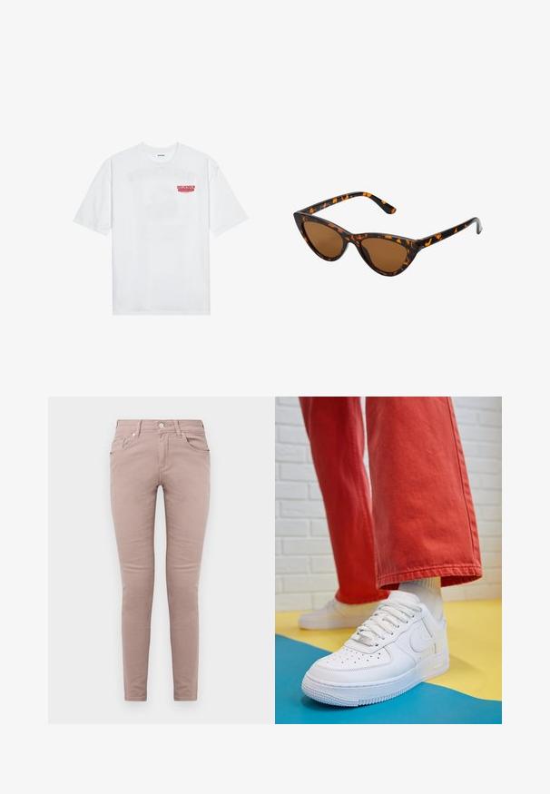 Tricou alb din bumbac, cu mâneci scurte, guler rotund și un text grafic roșu "FRUCTE DELICIOASE ȘI RACORITOARE" pe față.; Jeans skinny din bumbac roz deschis. Prezintă cinci buzunare, o închidere cu buton în față și o textură netedă fără modele vizibile.; Tenis alb din piele cu fanta pe vârful piciorului, talpă texturată și șireturi albe, purtat cu pantaloni larga roșii și un fundal albastru și galben.; Ochelari de soare în stil cat-eye, cu o ramă din material cu tortoiseshell negru și portocalie, lentile maro și vârfuri elegante, ascuțite. Prezintă un logo minimal pe brățara ochelarilor.