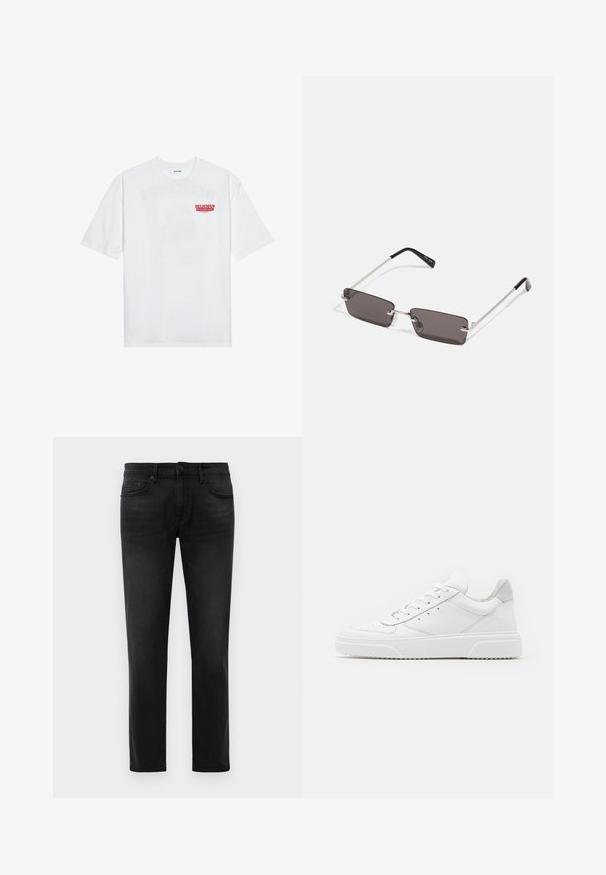 White cotton t-shirt featuring short sleeves, crew neck, and a red graphic text "DELICIOUS REFRESHING FRUIT" on the front.; Black slim-fit jeans with five pockets, belt loops, and button closure, laid flat against a white background.; White leather sneakers with a smooth finish, rounded toe, flat laces, and a textured sole. Grey suede accent at the heel.; Sunglasses with rectangular, dark grey lenses, silver metal frames, and black plastic tips on the arms. Lightweight design with nose pads.