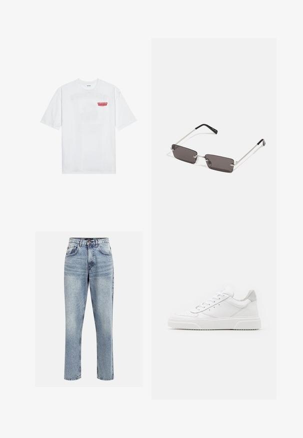 T-shirt branca de algodão com mangas curtas, decote redondo e um gráfico vermelho com o texto "FRUTA DELICIOSA E REFRESCANTE" na frente.; Jeans de ganga azul clara de cintura alta com um corte reto, cinco bolsos e fecho com botão. Apresenta desbotamento subtil e detalhes de costura.; Ténis brancos em pele com acabamento suave, biqueira arredondada, atacadores planos e sola texturizada. Acento em camurça cinza na parte do calcanhar.; Óculos de sol com lentes retangulares, cinzentas escuras, armações em metal prateado e pontas em plástico preto nas hastes. Design leve com almofadas para o nariz.
