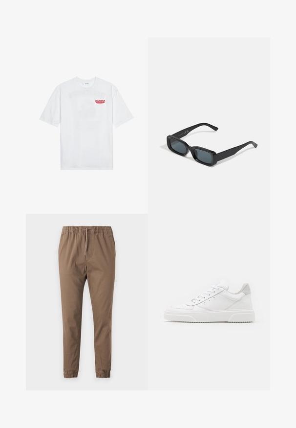 Fehér pamut póló, rövid ujjakkal, kerek nyakkal, elöl piros grafikus felirattal: "ÍZLETES FRESKÉLŐ GYÜMÖLCS".; Barna, rugalmas derékú nadrág állítható zsinórral, tapered lábakkal és felhajtott szegésekkel. Puha anyag, sima textúrával és látható minták nélkül.; Fehér bőr sportcipő sima felülettel, kerek orral, lapos fűzőkkel és textúrált talppal. Szürke velúr díszítés a saroknál.; Fekete téglalap alakú napszemüveg sötét lencsékkel. Fényes keret, egyenes karok enyhe ívvel. Minimalista dizájn, díszítések nélkül.