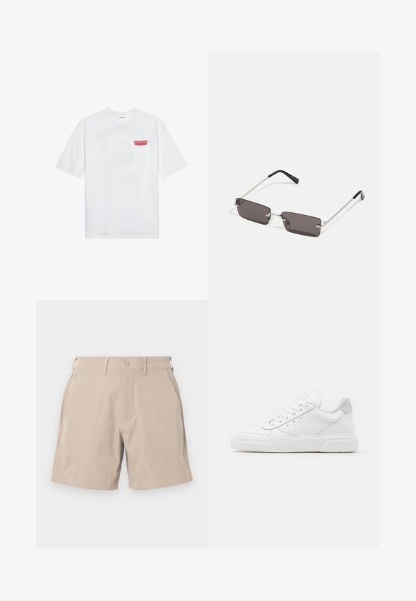 White cotton t-shirt featuring short sleeves, crew neck, and a red graphic text "DELICIOUS REFRESHING FRUIT" on the front.; Beige shorts made from lightweight fabric, featuring four pockets and a button closure, with a smooth texture and straight cut design.; White leather sneakers with a smooth finish, rounded toe, flat laces, and a textured sole. Grey suede accent at the heel.; Sunglasses with rectangular, dark grey lenses, silver metal frames, and black plastic tips on the arms. Lightweight design with nose pads.