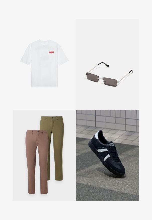 Witte katoenen t-shirt met korte mouwen, ronde hals en een rode grafische tekst "LEKKER VERFRISSEND FRUIT" aan de voorkant.; Twee paren slim-fit broeken: één in een gedempt bruin en de ander in olijfgroen. Beide hebben een nette pasvorm en standaard taillebanden met knopen.; Zwarte leren sneaker met witte strepen, een gestructureerde rubberen zool en vetersluiting aan de voorkant. Voorzien van een merklabel op de tong.; Zonnebril met rechthoekige, donkergrijze lenzen, zilveren metalen frames en zwarte kunststof uiteinden op de armen. Lichtgewicht ontwerp met neuspads.