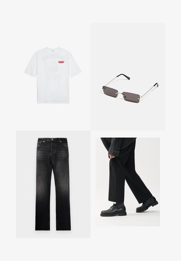 Bílý bavlněný tričko s krátkým rukávem a kulatým výstřihem, na přední straně s červeným grafickým textem "VYNIKAJÍCÍ OSVĚŽUJÍCÍ OVOCNÝ".; Černé džíny z denimu se rovným střihem, se slábnoucím gradientním efektem, pěti kapsami a kovovými akcenty.; Černé kožené boty s kulatou špičkou, šněrovací design a silnou strukturovanou podrážkou. Noseny s dobře padnoucími černými kalhotami a žebrovaným svetr.; Sluneční brýle s obdélníkovými tmavě šedými skly, stříbrnými kovovými rámy a černými plastovými konci na nožičkách. Lehké provedení s podložkami na nos.