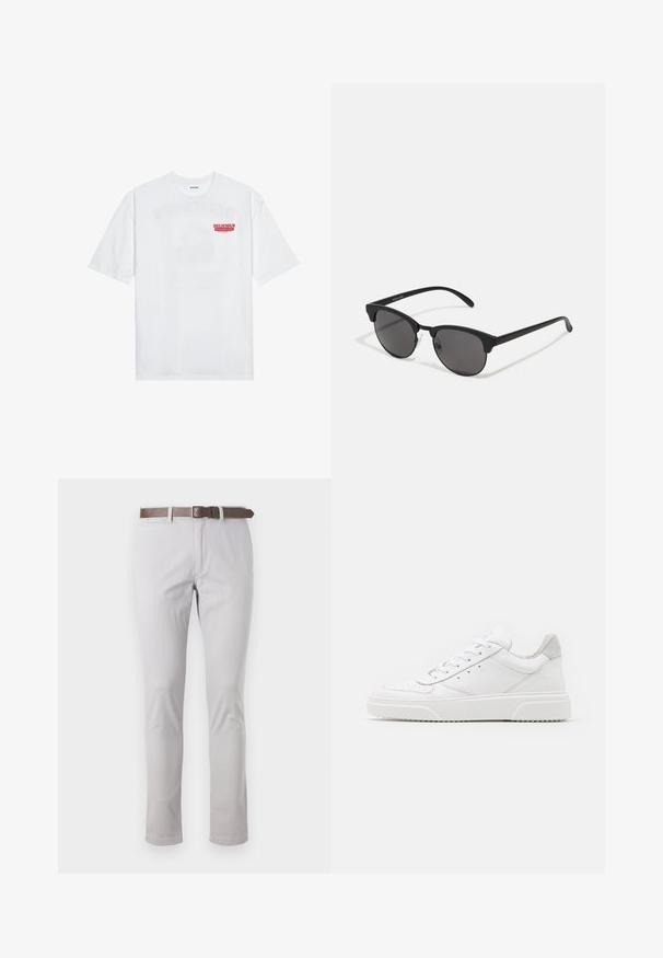 White cotton t-shirt featuring short sleeves, crew neck, and a red graphic text "DELICIOUS REFRESHING FRUIT" on the front.; Light gray pants made of cotton with a slim fit. Features a brown leather belt and minimal stitching details on the sides.; White leather sneakers with a smooth finish, rounded toe, flat laces, and a textured sole. Grey suede accent at the heel.; Black sunglasses with round lenses, matte finish, and distinctive cat-eye shape. Slim arms with subtle branding on the left temple.