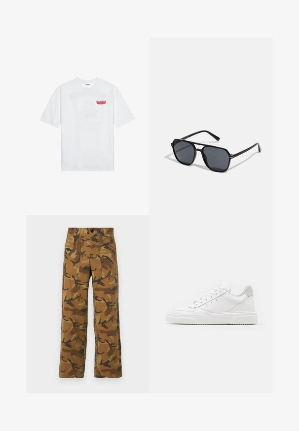Hvid bomulds t-shirt med korte ærmer, rund hals og rød grafisk tekst "DELICIOUS REFRESHING FRUIT" på forsiden.; Camo-mønstrede cargo bukser i brune og grønne nuancer, lavet af letvægtsstof, med fire lommer og knaplukning.; Hvide lædersneakers med en glat finish, rund tå, flade snørebånd og en struktureret sål. Grå ruskindsdetalje ved hælen.; Sorte solbriller med oktagonal stel, mørke linser, blank overflade, fine stænger og guldaccenter på forsiden.