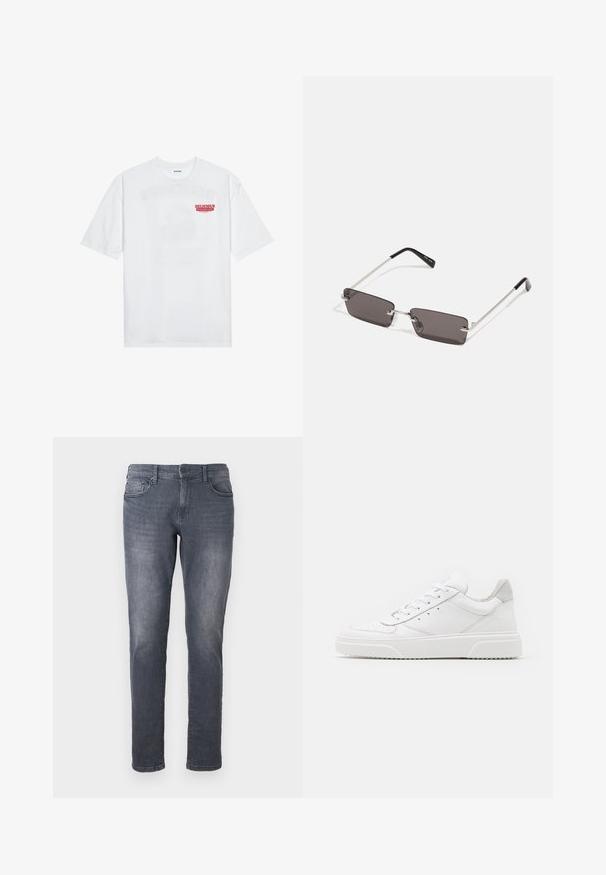 Hvit bomull t-skjorte med korte ermer, rund hals og en rød grafisk tekst "DELICIOUS REFRESHING FRUIT" foran.; Grå denim jeans med slim fit, med glidelås, beltehemper, frontlommer og en falmet vaskefinish. Standard rett bendesign.; Hvite skinnsko med en glat overflate, rund tå, flate lisser og teksturert såle. Grå semsket innfelt ved hælen.; Solbriller med rektangulære, mørkegrå linser, sølvfargede metallrammer og svarte plasttupper på armene. Lett design med nesepuder.