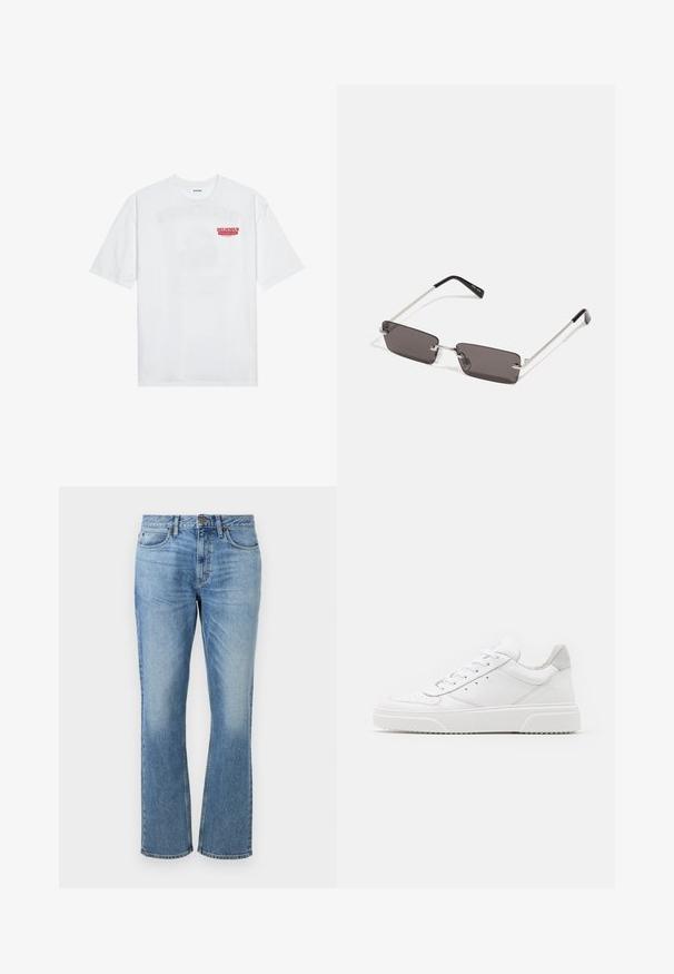 Valge puuvillane T-särk, millel on lühikesed varrukad, ümmargune kaelus ja esiküljel punane graafiline tekst "MAITSVA KONDISIOONIGA PUUVILI".; Hele sinine teksapüksid otse jala kujundusega, millel on eesnupuga sulgemine, viis taskut ja fades alad tekstuuriks.; Valged nahast spordijalatsid siledast nahast viimistlusega, ümarate varvastega, lamekestega ja tekstuuriga tallaga. Hall suede aktsent kanna juures.; Kübarid, millel on ristkülikukujulised, tumedhalli värvi läätsed, hõbedased metallraamid ja mustad plastotsad käeotsades. Kerge disain koos nina padjadega.