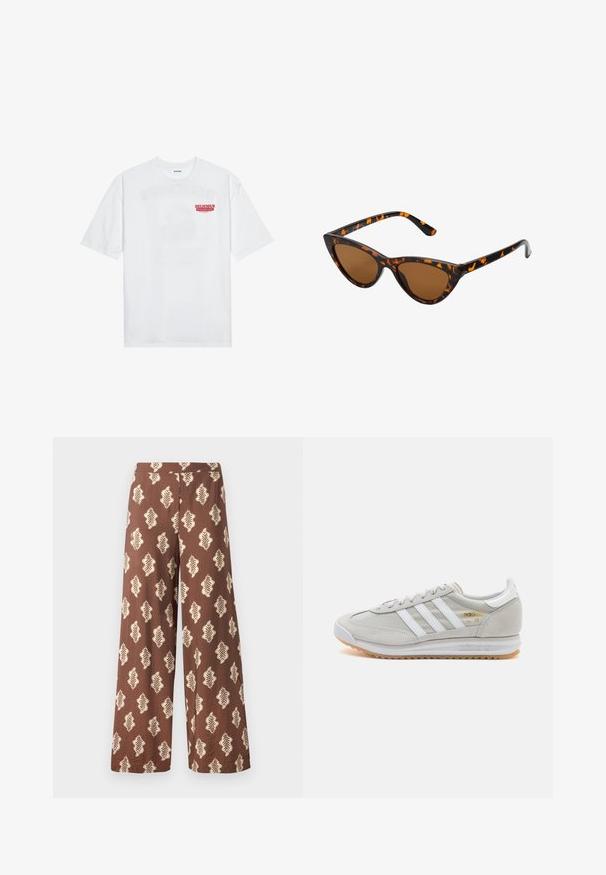 White cotton t-shirt featuring short sleeves, crew neck, and a red graphic text "DELICIOUS REFRESHING FRUIT" on the front.; Wide brown pants made of fabric with a textured surface, featuring a repeating leaf pattern in cream color. Elastic waistband.; Light grey sneaker made of suede and mesh, featuring three white stripes, round toe, and a gum rubber sole. Gold logo accent near laces.; Cat-eye sunglasses with a black and orange tortoiseshell frame, brown lenses, and sleek, pointed tips. Features a minimal logo on the temple.
