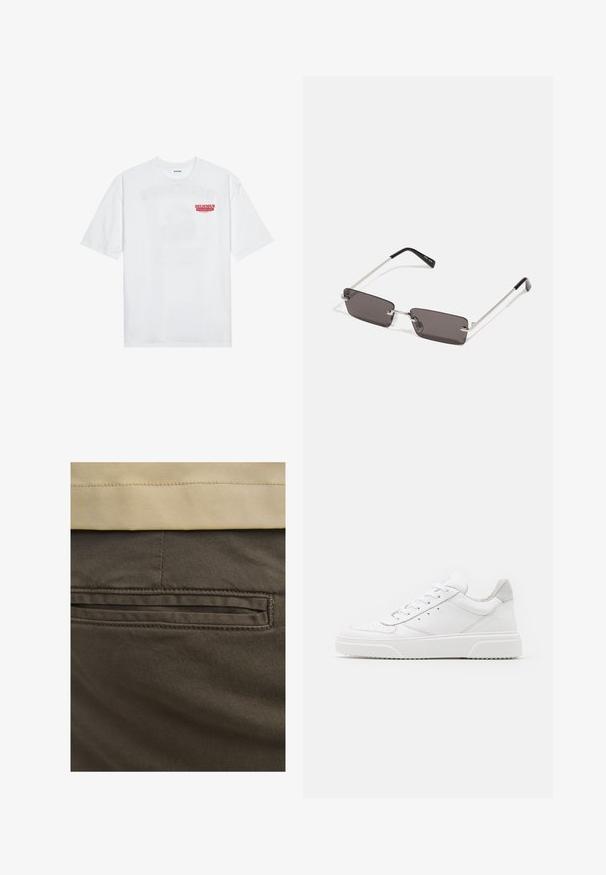 T-shirt en coton blanc avec des manches courtes, col rond et un texte graphique rouge "FRUIT RAFRAÎCHISSANT DÉLICIEUX" à l'avant.; Pantalons en coton marron avec une poche arrière visible, accentués par des coutures subtiles et une texture lisse. La taille est d'un beige contrastant.; Des baskets en cuir blanc avec une finition lisse, un bout rond, des lacets plats et une semelle texturée. Accents en daim gris au niveau du talon.; Lunettes de soleil avec des verres rectangulaires gris foncé, des montures en métal argenté et des embouts en plastique noir sur les branches. Conception légère avec des plaquettes de nez.