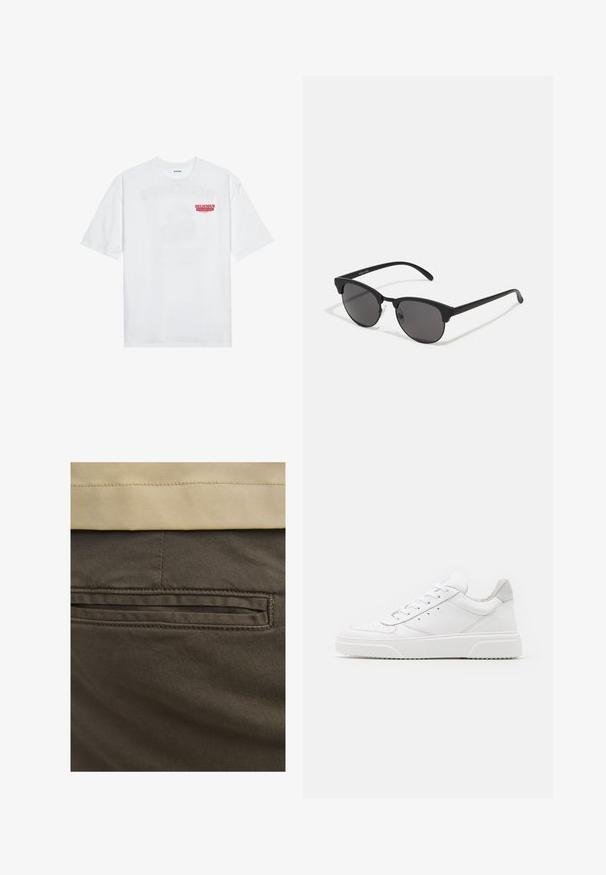 T-shirt branca de algodão com mangas curtas, decote redondo e um gráfico vermelho com o texto "FRUTA DELICIOSA E REFRESCANTE" na frente.; Calças de algodão castanhas com um bolso traseiro visível, acentuadas por costuras discretas e uma textura suave. A cintura tem um tom bege em contraste.; Ténis brancos em pele com acabamento suave, biqueira arredondada, atacadores planos e sola texturizada. Acento em camurça cinza na parte do calcanhar.; Óculos de sol pretos com lentes redondas, acabamento mate e forma distinta de olho de gato. Braços finos com uma marcação subtil na têmpora esquerda.