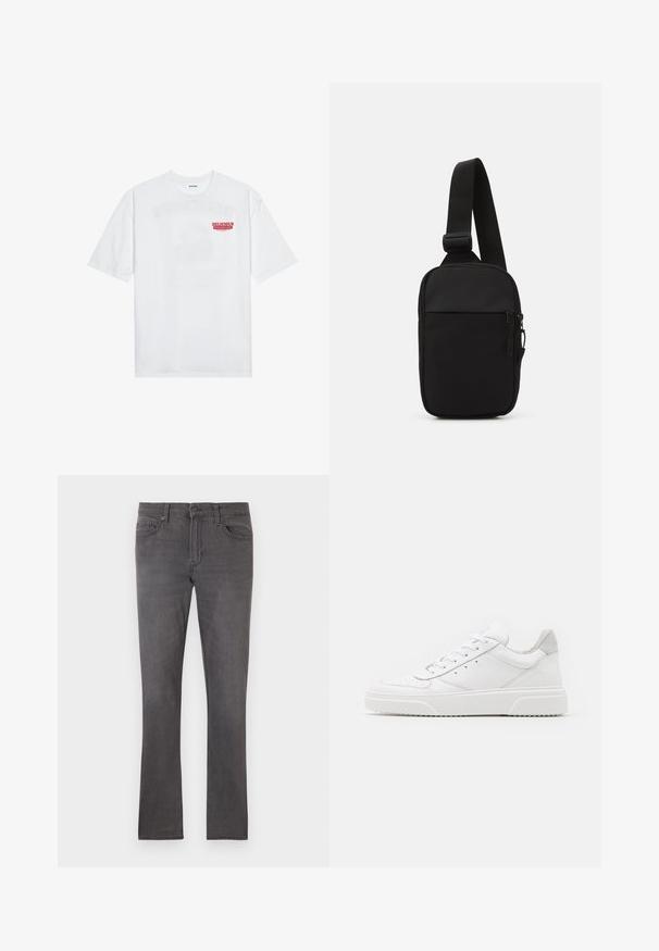 White cotton t-shirt featuring short sleeves, crew neck, and a red graphic text "DELICIOUS REFRESHING FRUIT" on the front.; Men’s slim-fit gray jeans with front pockets, belt loops, and button closure on a white background.; White leather sneakers with a smooth finish, rounded toe, flat laces, and a textured sole. Grey suede accent at the heel.; Black crossbody bag made of durable fabric, featuring a single adjustable strap, a zippered main compartment, and a front pocket.