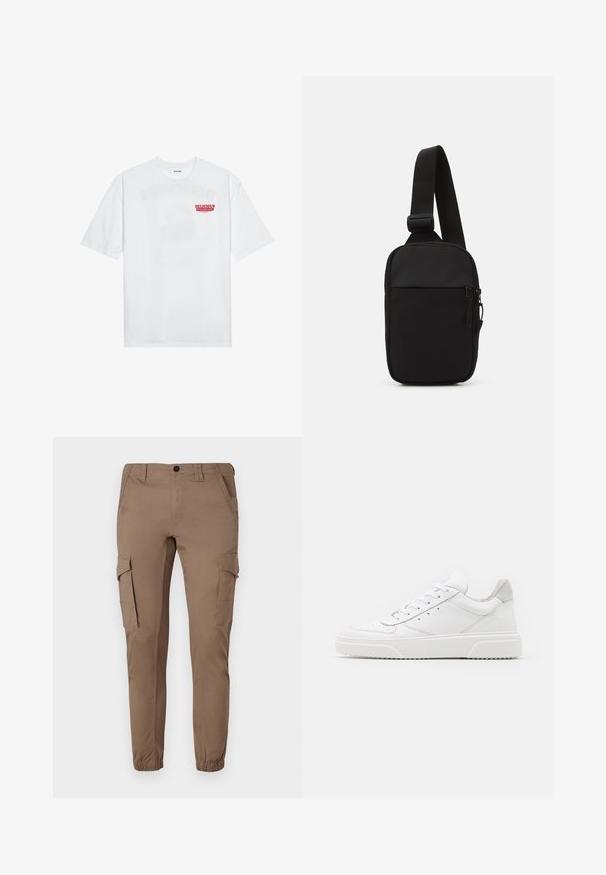 T-shirt bianco in cotone con maniche corte, collo rotondo e una grafica rossa con il testo "FRUTTA DELIZIOSA E RINFRESCANTE" sul davanti.; Pantaloni cargo marrone chiaro con polsini elasticizzati, numerose tasche laterali e un design aderente, realizzati in un materiale liscio e resistente.; Sneaker bianche in pelle con finitura liscia, punta arrotondata, lacci piatti e suola texturizzata. Accento in suede grigio sul tallone.; Borsa a tracolla nera realizzata in tessuto resistente, con una singola tracolla regolabile, un compartimento principale con zip e una tasca frontale.