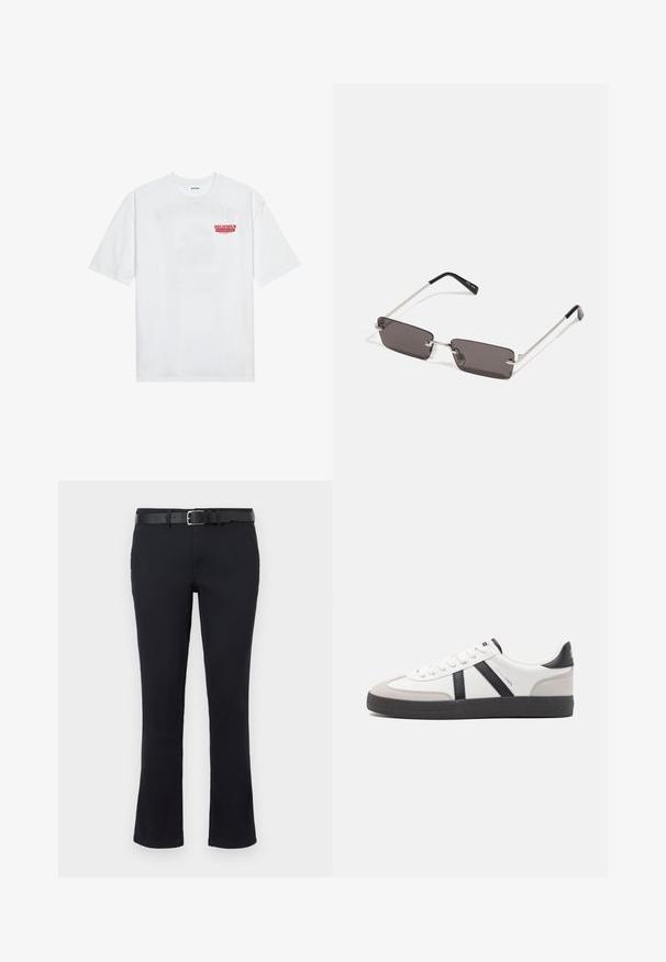 White cotton t-shirt featuring short sleeves, crew neck, and a red graphic text "DELICIOUS REFRESHING FRUIT" on the front.; Black cotton-blend pants with a straight leg design, featuring a flat front, belt loops, and a black leather belt. Smooth texture and no visible patterns.; White sneaker with black and gray accents, featuring a textured gray toe cap, black rubber sole, and flat white laces. Clean design, minimalist style.; Sunglasses with rectangular, dark grey lenses, silver metal frames, and black plastic tips on the arms. Lightweight design with nose pads.
