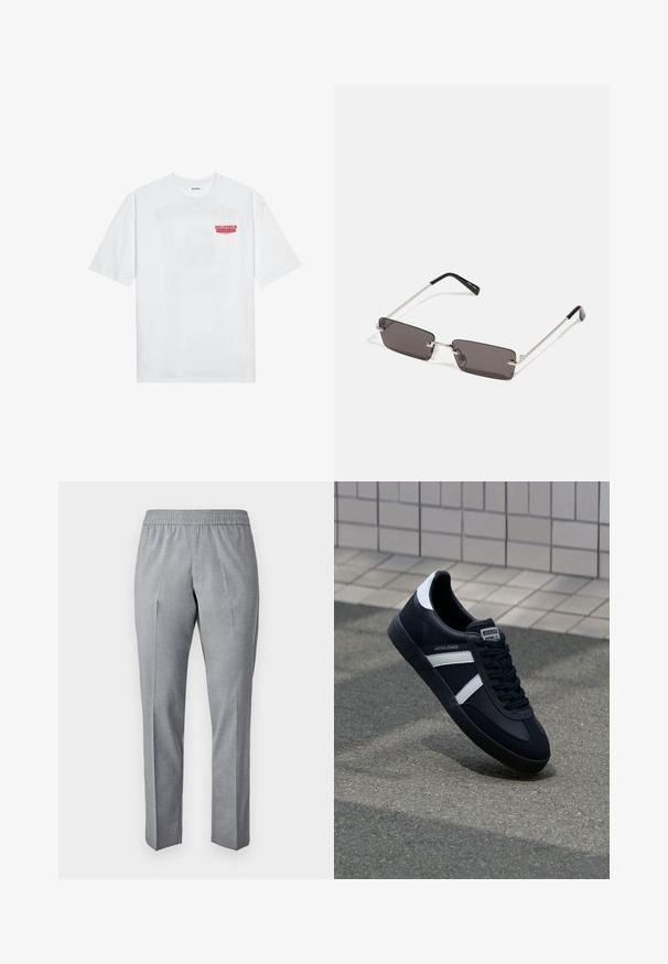 White cotton t-shirt featuring short sleeves, crew neck, and a red graphic text "DELICIOUS REFRESHING FRUIT" on the front.; Grey, woven trousers with an elastic waistband, straight cut, and crease down the front. Fabric texture appears smooth and lightweight.; Black leather sneaker with white stripes, textured rubber sole, and lace-up front. Features a branded label on the tongue.; Sunglasses with rectangular, dark grey lenses, silver metal frames, and black plastic tips on the arms. Lightweight design with nose pads.