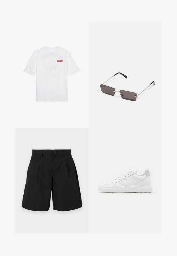 Bela bomba majica iz bombaža z kratkimi rokavi, krožno ovratnikom in rdečim grafičnim besedilom "OKUSNO OSVEŽILNO SADJE" na sprednji strani.; Črne kratke hlače iz gladkega materiala, z gumbom za zapiranje, dvema sprednjima naborkoma in stranskima žepoma, sproščenega kroja in ravnim robom.; Bele usnjene športne copate z gladkim zaključkom, okroglo konico, ravnimi vezalkami in teksturiranim podplatom. Sivi semiš detajl na peti.; Očala za sonce s pravokotnimi, temno sivimi lečami, srebrnimi kovinskimi okvirji in črnimi plastičnimi konicami na ročajih. Lahka zasnova z nosnimi blazinicami.