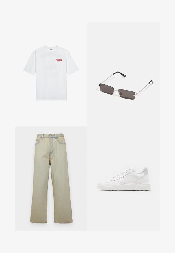 Bílý bavlněný tričko s krátkým rukávem a kulatým výstřihem, na přední straně s červeným grafickým textem "VYNIKAJÍCÍ OSVĚŽUJÍCÍ OVOCNÝ".; Světle modré široké džíny vyrobené z denimu s vybledlým vzhledem. Obsahují pět kapes a přední zapínání na knoflík.; Bílé kožené tenisky s hladkým povrchem, zaoblenou špičkou, plochými tkaničkami a texturovanou podrážkou. Šedý semišový detail na patě.; Sluneční brýle s obdélníkovými tmavě šedými skly, stříbrnými kovovými rámy a černými plastovými konci na nožičkách. Lehké provedení s podložkami na nos.