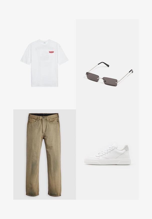 Hvit bomull t-skjorte med korte ermer, rund hals og en rød grafisk tekst "DELICIOUS REFRESHING FRUIT" foran.; Kaki-fargede rette bukser med fem lommer, knappelukking og beltesløyfer, liggende flatt på en hvit bakgrunn.; Hvite skinnsko med en glat overflate, rund tå, flate lisser og teksturert såle. Grå semsket innfelt ved hælen.; Solbriller med rektangulære, mørkegrå linser, sølvfargede metallrammer og svarte plasttupper på armene. Lett design med nesepuder.