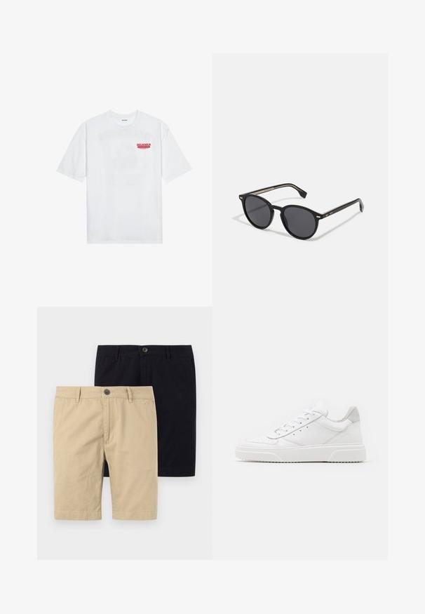 Valge puuvillane T-särk, millel on lühikesed varrukad, ümmargune kaelus ja esiküljel punane graafiline tekst "MAITSVA KONDISIOONIGA PUUVILI".; Kaks lühiülikonda, üks khaki ja teine must, valmistatud puuvillast. Mõlemal on nupp, tasane eesmine osa ja nad on põlvepikkused.; Valged nahast spordijalatsid siledast nahast viimistlusega, ümarate varvastega, lamekestega ja tekstuuriga tallaga. Hall suede aktsent kanna juures.; BOSS Päikeseprillid - black
