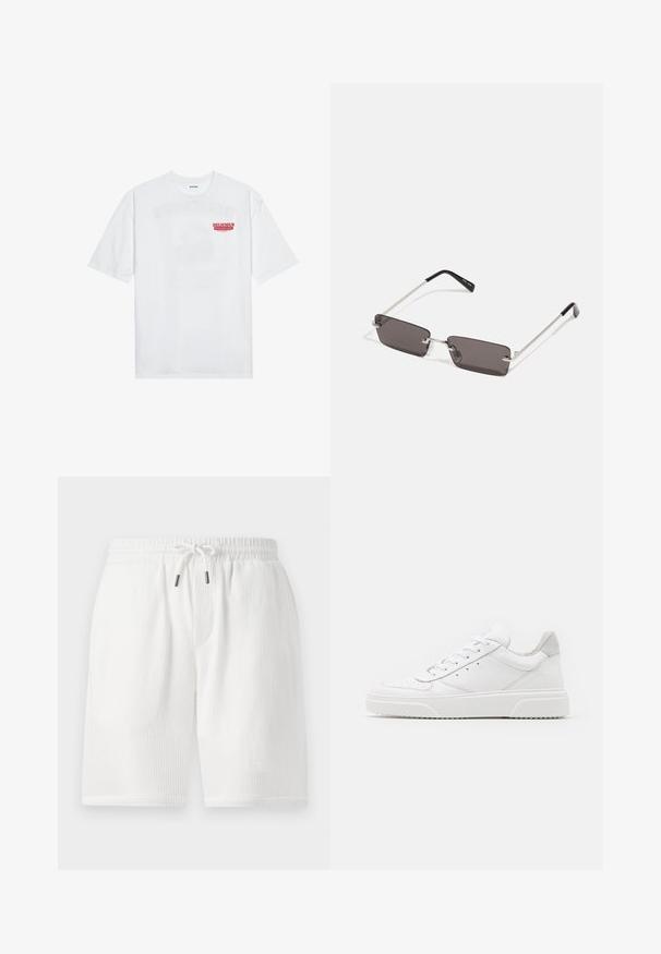 T-shirt en coton blanc avec des manches courtes, col rond et un texte graphique rouge "FRUIT RAFRAÎCHISSANT DÉLICIEUX" à l'avant.; Shorts blancs texturés avec une taille élastique, fermeture à cordon, poches latérales et coupe décontractée. Convient pour une tenue décontractée.; Des baskets en cuir blanc avec une finition lisse, un bout rond, des lacets plats et une semelle texturée. Accents en daim gris au niveau du talon.; Lunettes de soleil avec des verres rectangulaires gris foncé, des montures en métal argenté et des embouts en plastique noir sur les branches. Conception légère avec des plaquettes de nez.