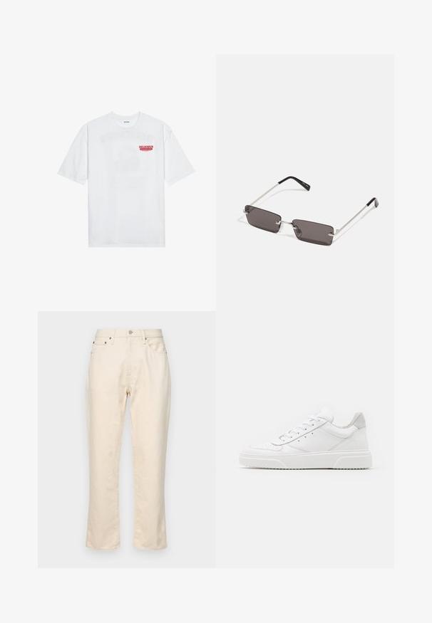 Balta medvilninė marškinėliai su trumpomis rankovėmis, apvaliu iškirpimu ir raudonu grafiniu tekstu "SKANI PAŽADINTI VAIŠIUS" priekyje.; Kreminės spalvos medvilninės kelnės su tiesia kojų forma. Yra užtrauktukas, penkios kišenės ir subtilūs siuvinėjimo akcentai. Tekstūruotas audinio paviršius.; Balti odiniai sportbačiai su lygiu paviršiumi, apvaliu pirštu, plokščiomis raištelėmis ir struktūrizuota padu. Pilko zimšo akcentas ant kulno.; Akiniai nuo saulės su stačiakampiais, tamsiai pilkais lęšiais, sidabriniais metaliniais rėmeliais ir juodais plastikiniais galiukais. Lengvas dizainas su nosies pagalvėlėmis.