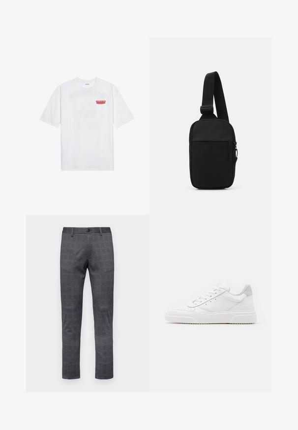 White cotton t-shirt featuring short sleeves, crew neck, and a red graphic text "DELICIOUS REFRESHING FRUIT" on the front.; Gray checkered trousers with a slim fit, featuring a button closure, belt loops, and a textured fabric.; White leather sneakers with a smooth finish, rounded toe, flat laces, and a textured sole. Grey suede accent at the heel.; Black crossbody bag made of durable fabric, featuring a single adjustable strap, a zippered main compartment, and a front pocket.