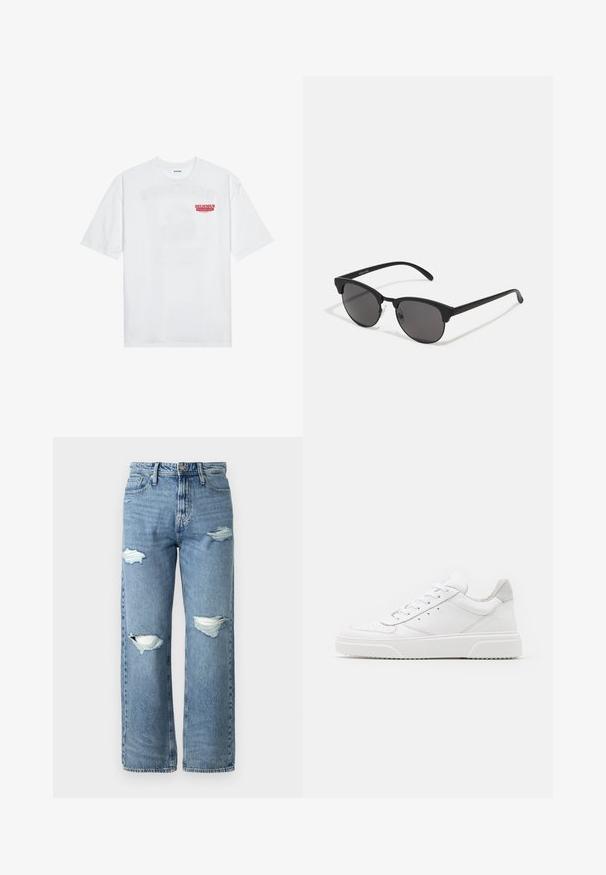 Balta medvilninė marškinėliai su trumpomis rankovėmis, apvaliu iškirpimu ir raudonu grafiniu tekstu "SKANI PAŽADINTI VAIŠIUS" priekyje.; Šviesiai mėlynos džinsinės kelnės su aukštu liemeniu, plačiomis kojomis, su dviem nusidėvėjusiais kelių įpjovimais ir klasikinio penkių kišenių dizainu.; Balti odiniai sportbačiai su lygiu paviršiumi, apvaliu pirštu, plokščiomis raištelėmis ir struktūrizuota padu. Pilko zimšo akcentas ant kulno.; Juodos saulės akinių su apvaliais lęšiais, matinio paviršiaus ir išskirtinės katės akies formos. Šlauni rankenos su subtilia ženklinimo detale kairėje šventykloje.