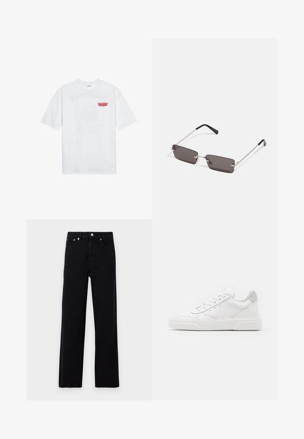 White cotton t-shirt featuring short sleeves, crew neck, and a red graphic text "DELICIOUS REFRESHING FRUIT" on the front.; Only & Sons ONSFADE LOOSE BOX - Loose Jeans - washed black; White leather sneakers with a smooth finish, rounded toe, flat laces, and a textured sole. Grey suede accent at the heel.; Sunglasses with rectangular, dark grey lenses, silver metal frames, and black plastic tips on the arms. Lightweight design with nose pads.