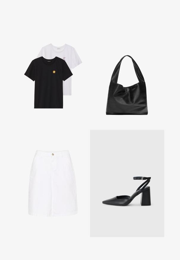 T-shirt in bianco e nero, girocollo, maniche corte. La maglietta nera presenta un ricamo di sole giallo; quella bianca ha un accento di luna crescente viola.; Gonna in denim di cotone bianco con chiusura a bottoni frontale, tasche laterali e silhouette dritta, caratterizzata da una leggerissima finitura testurizzata.; Pump in pelle nera con punta affusolata, cinturino alla caviglia e tacco spesso. Texture piatta, design elegante ed estetica minimalista.; Borsa tote in pelle nera con un design morbido e floscio, manici larghi e una texture liscia. Nessun hardware o decorazione visibile.