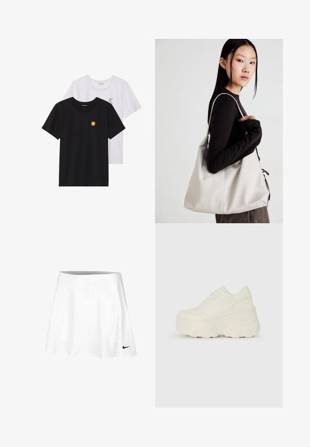 Zwart-witte T-shirts, ronde hals, korte mouwen. Het zwarte shirt heeft gele zon-geborduurde details; het witte shirt heeft een purperen halve maan accent.; Witte tennisrok van lichtgewicht stof, met een uitlopende design en een elastische tailleband. Een klein zwart Nike-logo bevindt zich aan de zoom.; Witte platform sneakers met een gladde leren bovenkant, afgeronde vorm, gewatteerde kraag en een gestructureerde rubberen zool met duidelijke profiel.; Beige handtas gemaakt van zacht materiaal, met een slonzig ontwerp, gestikte details en twee schouderbanden. Geschikt voor dagelijks gebruik.