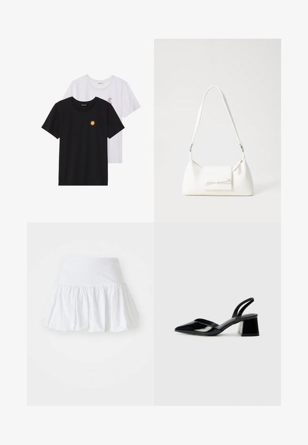 Black and white T-shirts, round neck, short sleeves. Black shirt features yellow sun embroidery; white has purple crescent moon accent.; White flared skirt made of lightweight fabric, featuring a gathered design and an elastic waistband for comfort. No visible patterns or accents.; Black patent leather slingback heels with a pointed toe and a geometric block heel. Features a sleek, minimal design and smooth texture.; White synthetic handbag with a triangular shape, flat front flap and bow detail, adjustable strap, smooth texture, and minimalistic design.