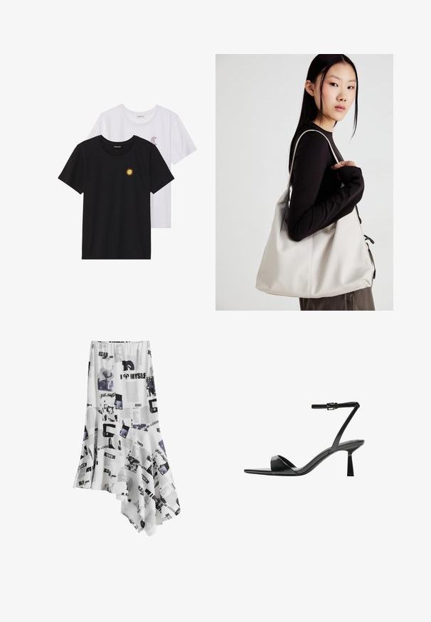 Tricouri alb-negru, cu gât rotund, mâneci scurte. Cămășile negre au broderie cu soare galben; cele albe au un accent cu lună crescută violet.; Fustă asimetrică albă, cu un design tipărit care include text și imagini negre, realizată dintr-un material ușor. Marginea este terminată delicat.; Bershka Sandale cu toc - black; Geantă bej din material moale, cu un design lejer, detalii cusute și două bretele pentru umăr. Potrivită pentru utilizarea zilnică.
