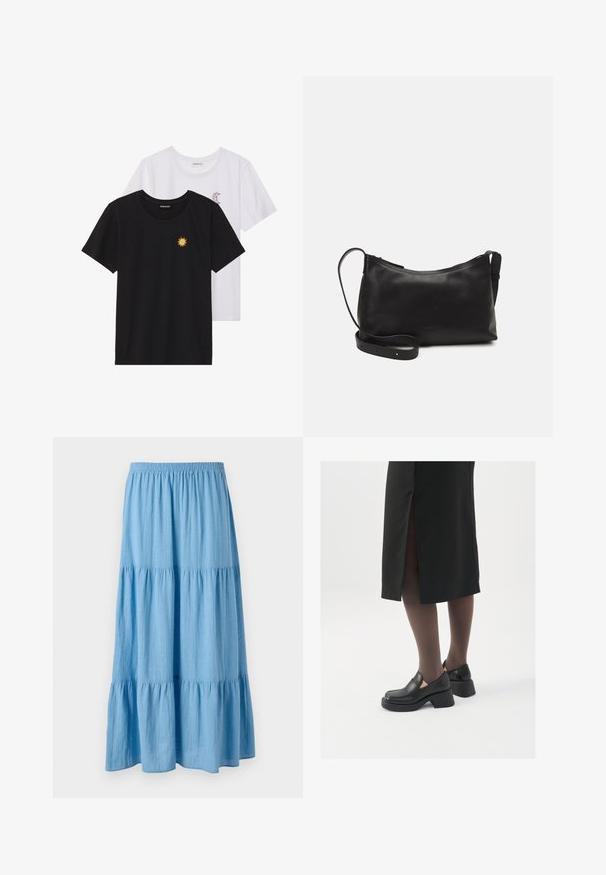 Fekete és fehér T-shirtok, kerek nyakkivágással, rövid ujjakkal. A fekete pólón sárga nap hímzés található; a fehér póló lila félhold díszítéssel rendelkezik.; Világoskék, réteges maxi szoknya, puha anyagból készült, rugalmas derékkal és laza, fodros aljjal.; Fekete bőr cipők lekerekített orral, vastag blokk sarkakkal és elasztikus oldalsó díszítésekkel, sötét harisnyával és hasítékkal ellátott fekete szoknyával párosítva.; Fekete bőr válltáska sima felülettel, ívelt formával, állítható pánttal és cipzáras záródással. Minimalista dizájn díszítmények nélkül.
