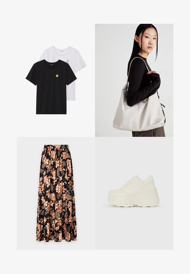 Černé a bílé trička, kulatý výstřih, krátké rukávy. Černé tričko má žlutou výšivku slunce; bílé má fialový akcent měsíce v podobě půlměsíce.; Černá květinová maxi sukně se světle broskvovými a krémovými květy a zelenými listy. Obsahuje nařasený pas a volánkový lem pro přidanou textura.; Bílé platformové tenisky s hladkým svrškem podobným kůži, zaobleným tvarem, polstrovaným límcem a texturovanou gumovou podrážkou s vyznačenými vzory.; Beige kabelka vyrobená z měkkého materiálu, s volným designem, prošívanými detaily a dvěma ramenními popruhy. Vhodná pro každodenní použití.