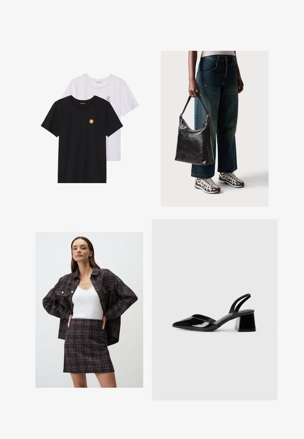 Zwart-witte T-shirts, ronde hals, korte mouwen. Het zwarte shirt heeft gele zon-geborduurde details; het witte shirt heeft een purperen halve maan accent.; Getextureerde marineblauwe jas met oranje accenten, witte tanktop en bijpassende getextureerde minirok. Jas heeft knopen en een oversized pasvorm.; Zwarte gepatineerde leren slingback hakken met een spitse neus en een geometrische blokhak. Kenmerkt zich door een slank, minimalistisch ontwerp en een gladde textuur.; Zwarte leren schoudertas met een gladde textuur en een verstelbare strap, gecombineerd met vervaagde wijde jeans en sportieve sneakers.