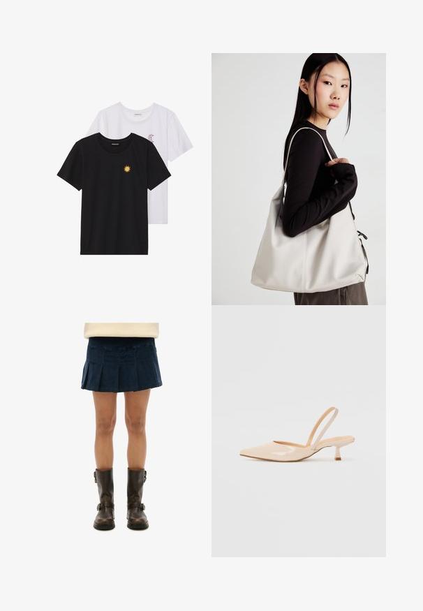 Sort og hvid T-shirt, rund hals, korte ærmer. Den sorte skjorte har gult solbroderi; den hvide har lilla halvmåne-accent.; Marineblå plisseret miniskørt i blødt stof, parret med knæhøje brune læderstøvler med spænder. Skørtet har et struktureret design.; Beige patenteret læder slingback høje med spids tå og en slank, firkantet hæl. Glat tekstur og minimalistisk design uden udsmykninger.; Beige håndtaske lavet af blødt materiale med et slouchy design, stikninger og to skulderremme. Velegnet til daglig brug.