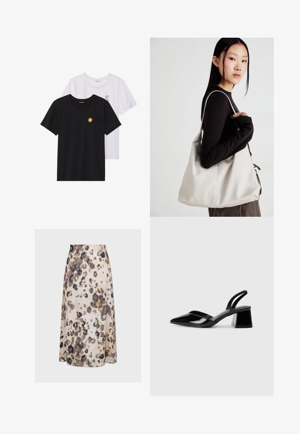 T-shirts noir et blanc, col rond, manches courtes. Le t-shirt noir présente une broderie de soleil jaune ; le t-shirt blanc a un accent de croissant de lune violet.; Jupe à imprimé léopard dans des teintes beige, marron et noir ; fabriquée en tissu lisse avec un design droit et fluide, et un léger éclat.; Escarpins en cuir verni noir avec bout pointu et talon bloc géométrique. Présente un design élégant et minimaliste ainsi qu'une texture lisse.; Sac à main beige en matériau souple, avec un design décontracté, des détails cousus et deux poignées. Idéal pour un usage quotidien.