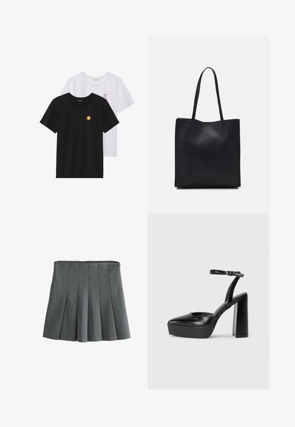 Camisetas en blanco y negro, de cuello redondo y mangas cortas. La camiseta negra presenta un bordado de sol amarillo; la blanca tiene un detalle de luna creciente en púrpura.; Falda gris con pliegues, hecha de una tela suave y texturizada. Presenta una cinturilla ajustada y pliegues en capas que permiten el movimiento.; Zapatos de tacón negro con punta afilada y correa ajustable en el tobillo. Confeccionados en cuero suave, presentan un tacón grueso.; Bolso tote de cuero negro con textura lisa, forma rectangular y dos asas largas. Sin herrajes ni adornos visibles.