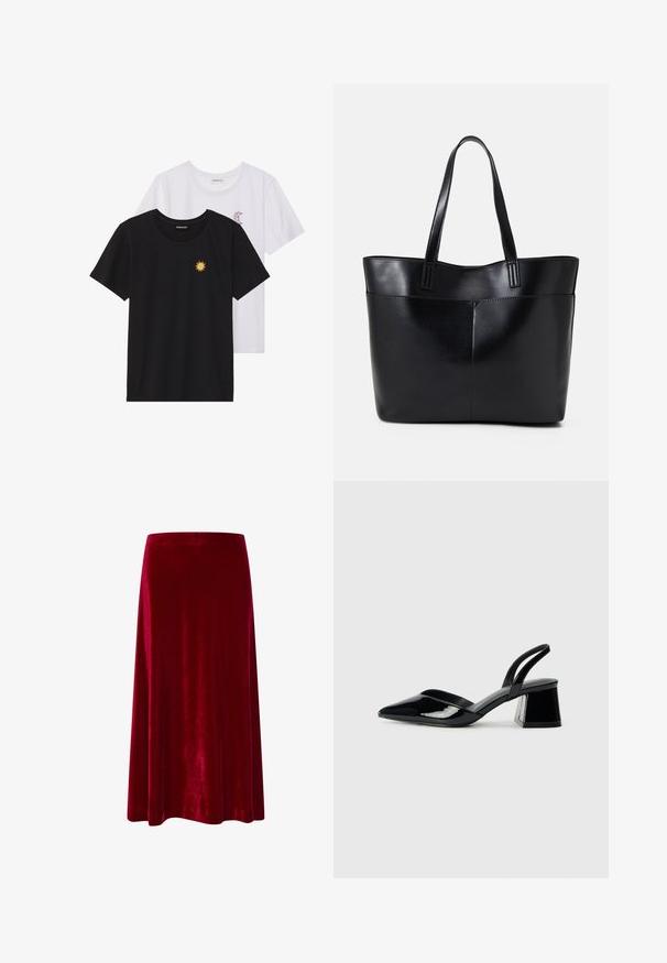 Tricouri alb-negru, cu gât rotund, mâneci scurte. Cămășile negre au broderie cu soare galben; cele albe au un accent cu lună crescută violet.; Fustă midi din catifea roșie, cu o textură netedă, design evazat și un brâu. Linia de tiv se termină chiar sub genunchi. Fără accente vizibile.; Pantofi cu toc slingback din piele lacuită neagră, cu vârf ascuțit și toc geometric. Prezintă un design elegant, minimalist și o textură netedă.; Geantă oversized din piele neagră, cu două mânere lungi, de textură netedă și formă structurată. Are un buzunar frontal pentru stocare suplimentară.