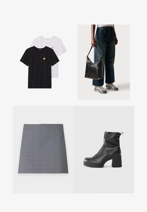 T-shirts noir et blanc, col rond, manches courtes. Le t-shirt noir présente une broderie de soleil jaune ; le t-shirt blanc a un accent de croissant de lune violet.; Jupe en plaid gris avec une forme structurée, ornée de fines lignes noires et bleues dans un motif de grille, réalisée en tissu lisse.; Bottes noires à la cheville en cuir lisse, dotées d'une fermeture éclair sur le côté, d'un talon épais texturé et d'une conception à bout rond.; Sac à bandoulière en cuir noir avec une texture lisse et une bandoulière réglable, associé à un jean ample décoloré et des baskets de sport.