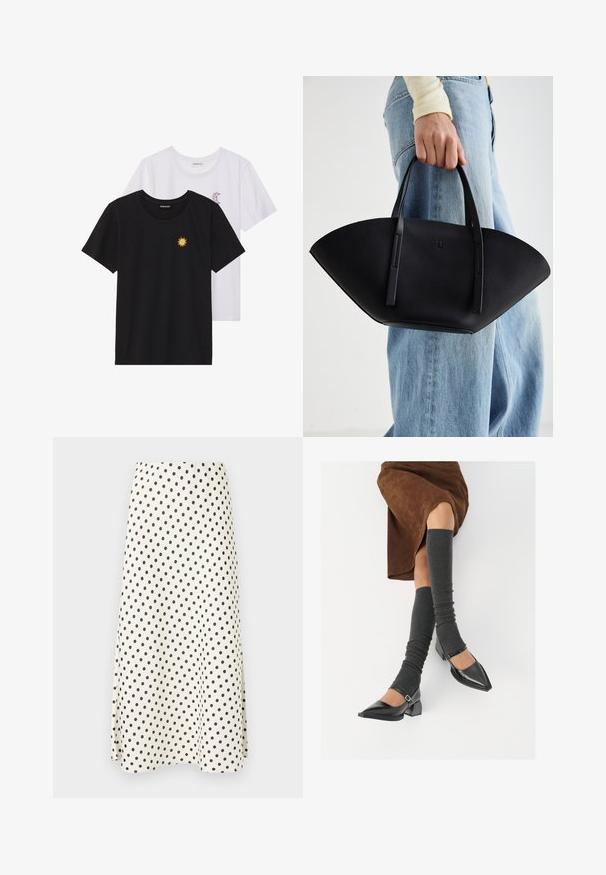 Črne in bele majice, okrogli vrat, kratki rokavi. Črna majica ima richelieu vezenje sonca v rumeni barvi; bela ima vijolični naglavni mesec.; Krilo do kolen, izdelano iz lahkega blaga, z zasebnim kremnimi ozadji in črnimi pikami ter razširjenim krojem.; Črne lakirane čevlje s pointy prsti in blok peto ter z naramnicami za gleženj, ki jih kombiniramo s sivimi rebrastimi nogavicami in rjavim suknjičem iz usnja.; Črna usnjena torbica z edinstveno obliko ventilatorja, z ravnimi ročaji. Površina ima teksturo z drobnimi kamni in minimalističen dizajn.