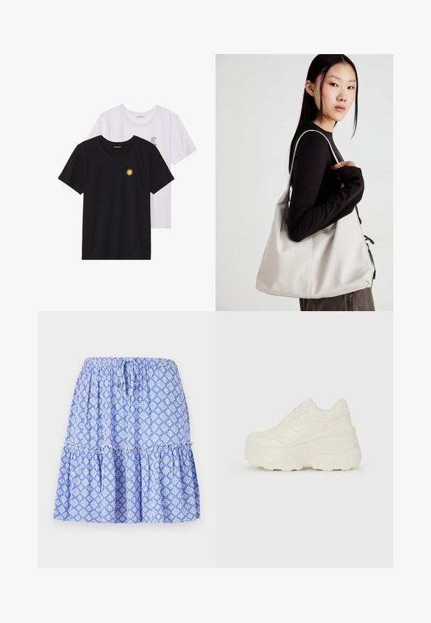 Crne i bijele majice, okrugli izrez, kratki rukavi. Crna majica ima žuti vez suncem; bijela majica ima ljubičasti naglasak u obliku polumjeseca.; Plava suknja s uzorkom, elastičnim pojasom, stepenastog dizajna i bijelim cvjetnim motivima. Izrađena od lagane tkanine s mekim teksturom.; Bijele platformske tenisice s glatkim gornjim dijelom koji nalikuje koži, zaobljenim oblikom, podstavljenim okvirom i teksturiranim gumeni potplat s definiranom profilacijom.; Bežna torba od mekog materijala s opuštenim dizajnom, šivanim detaljima i dva remena za rame. Pogodna za svakodnevnu upotrebu.
