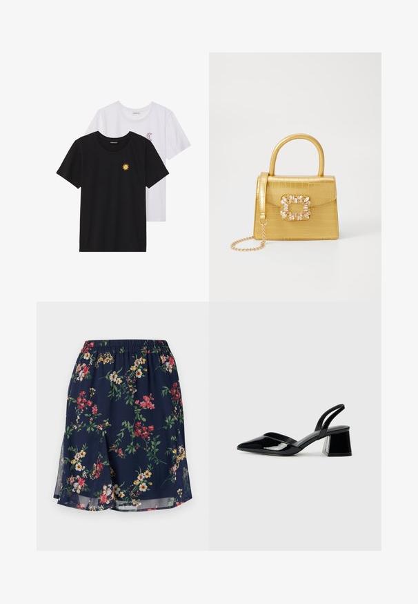 Fekete és fehér T-shirtok, kerek nyakkivágással, rövid ujjakkal. A fekete pólón sárga nap hímzés található; a fehér póló lila félhold díszítéssel rendelkezik.; Virágmintás szoknya, elasztikus derékkal, sötétkék alapon piros, sárga és zöld virágmintákkal díszítve. Könnyű anyag.; Fekete lakk bőr szandálkés magas sarkú cipő, hegyes orral és geometrikus tömbsarkakkal. Karcsú, minimalista dizájn és sima textúra jellemzi.; Sárga műbőr krokodil mintás kézitáska strukturált kialakítással, felső fogantyúval, leválasztható lánccal és díszes kristály díszítéssel a záron.