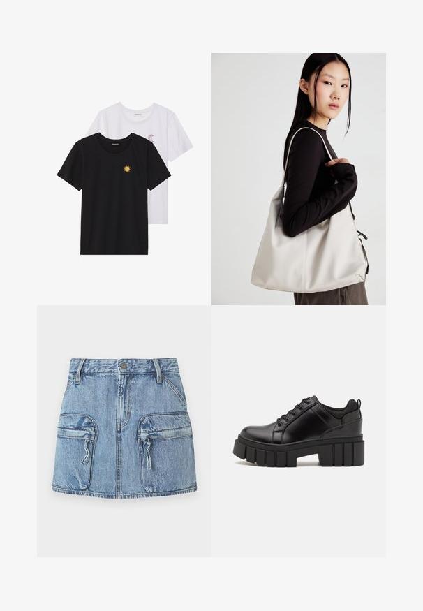 Melnbaltie t-krekli, ar apaļu kaklu, īsām piedurknēm. Melnais krekls ar dzeltenu saules izšuvumu; baltais ar purpursarkanu mēness akcentu.; Zila džinsu mini svārki ar diviem lieliem priekšējiem kabatām ar rāvējslēdzēja vilkšanas ķēdēm un jostu cilpām jostasvietā.; Melnas ādas platformas kurpes ar masīvu bloku papēdi, apaļu purngalu un tradicionālu saistīšanas dizainu. Izceļas ar gludu tekstūru un minimālu apdari.; Bežs rokassoma, izgatavota no mīksta materiāla, ar brīvu dizainu, izšūtu apdari un divām plecu siksnām. Piemērota ikdienas lietošanai.