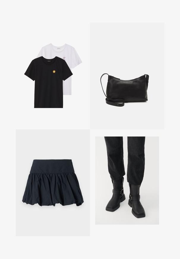 Črne in bele majice, okrogli vrat, kratki rokavi. Črna majica ima richelieu vezenje sonca v rumeni barvi; bela ima vijolični naglavni mesec.; Črna krila s širokim pasom, izdelana iz lahkega materiala, s plitvimi gubami za plasten videz.; Črne usnjene gležnjarje s kvadratnim nosom, ki vsebujejo širok trak in podrobnost z metalno zaponko. Gležnjarji imajo debelo podplat in gladko teksturo.; Črna usnjena torba čez ramo z gladko teksturo, ukrivljeno obliko, nastavljivim trakom in zadrgo. Minimalističen dizajn brez okrasnih detajlov.