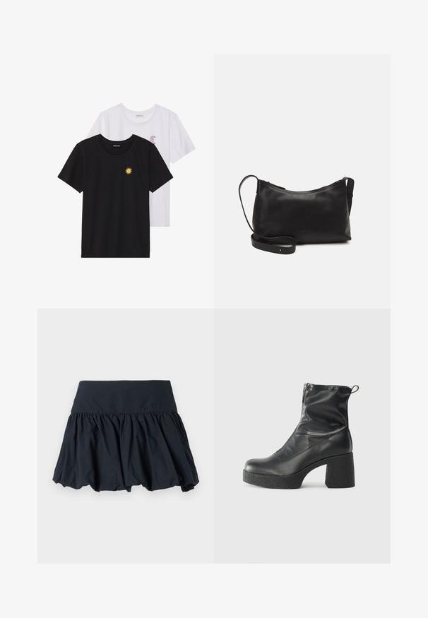 Černé a bílé trička, kulatý výstřih, krátké rukávy. Černé tričko má žlutou výšivku slunce; bílé má fialový akcent měsíce v podobě půlměsíce.; Černá rozšířená sukně vyrobená z lehkého materiálu, s širokým páskem a nabíranými sklady pro vrstvený vzhled.; Černé kotníkové boty vyrobené z hladké kůže, s bočním zipem, robustním strukturovaným podpatkem a kulatou špičkou.; Černá kožená taška přes rameno s hladkým povrchem, zakřiveným tvarem, nastavitelným popruhem a zipovým uzávěrem. Minimalistický design bez zdobení.