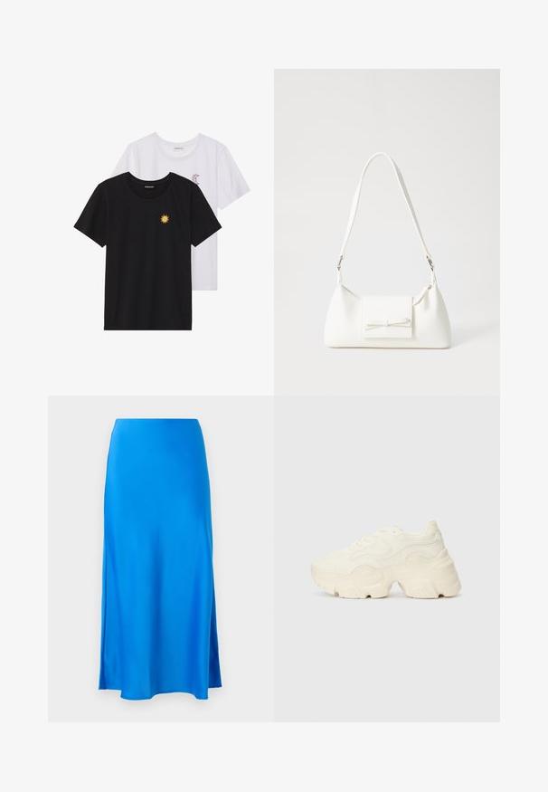 Zwart-witte T-shirts, ronde hals, korte mouwen. Het zwarte shirt heeft gele zon-geborduurde details; het witte shirt heeft een purperen halve maan accent.; Blauwe satijnen maxi rok met een gladde textuur, iets A-lijn vorm en een zijsplit, die een vloeiende silhouette biedt.; Chunky witte sneakers gemaakt van geperforeerd mesh en synthetische materialen, met een dikke zool en ingewikkelde patroon details aan de zijkanten.; Witte synthetische handtas met een driehoekige vorm, platte voorklep en strikdetail, verstelbare schouderriem, gladde textuur en minimalistisch ontwerp.