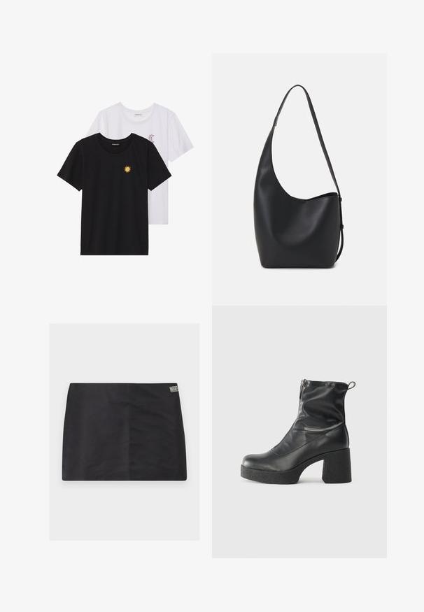 Melnbaltie t-krekli, ar apaļu kaklu, īsām piedurknēm. Melnais krekls ar dzeltenu saules izšuvumu; baltais ar purpursarkanu mēness akcentu.; Melnā svārku kleita ar gludu tekstūru, taisnu griezumu un mazu logo uzlīmi sānos. Vienkāršs dizains bez papildu rakstiem vai detaļām.; Melni potītes zābaki, kas izgatavoti no gludas ādas, ar sānu rāvējslēdzēju, masīvu strukturētu papēdi un noapaļotu purngalu.; Melnas ādas hobo soma ar gludu tekstūru, izliekta forma un vienu regulējamu jostu; augšā ir plaša atvere.