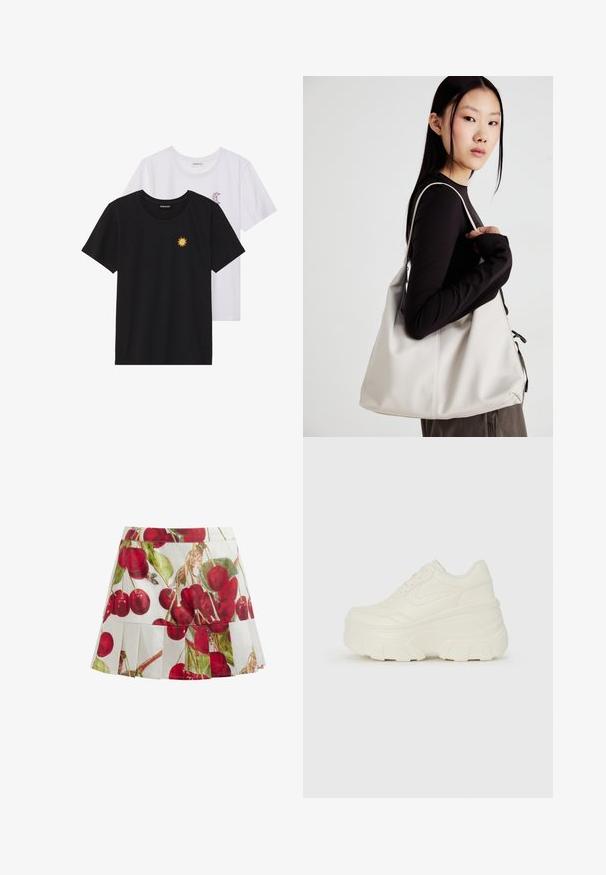 Tricouri alb-negru, cu gât rotund, mâneci scurte. Cămășile negre au broderie cu soare galben; cele albe au un accent cu lună crescută violet.; Fustă albă plisată cu un imprimeu vibrant de cireșe în roșu și verde. Țesătura pare ușoară, având o textură netedă.; Adidași platformă albi, cu un superior neted asemănător cu pielea, formă rotunjită, guler căptușit și talpă din cauciuc texturată cu borduri bine definite.; Geantă bej din material moale, cu un design lejer, detalii cusute și două bretele pentru umăr. Potrivită pentru utilizarea zilnică.